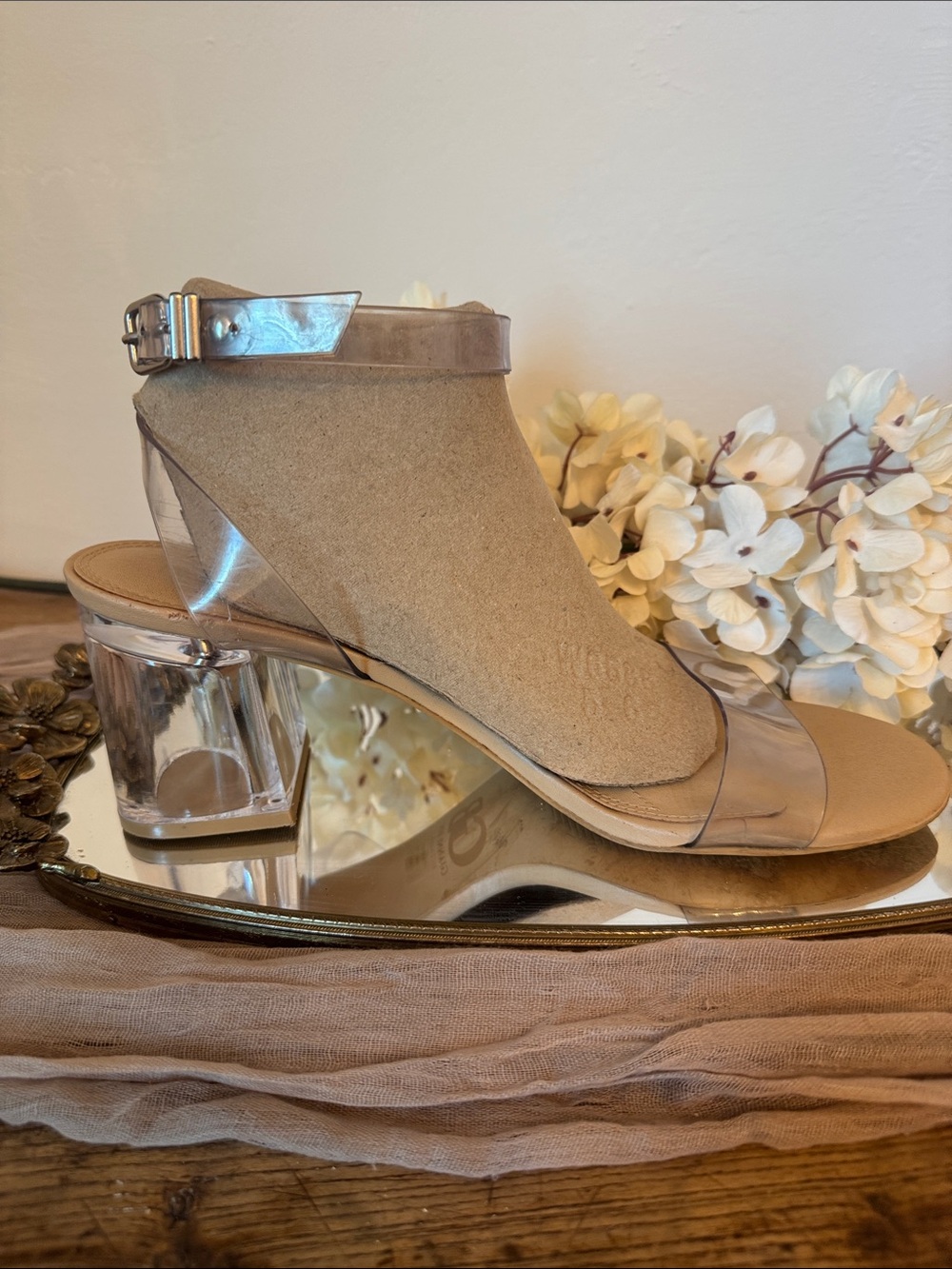 Gianni Bini Tan Suede Clear Strap Block Heel Sandals